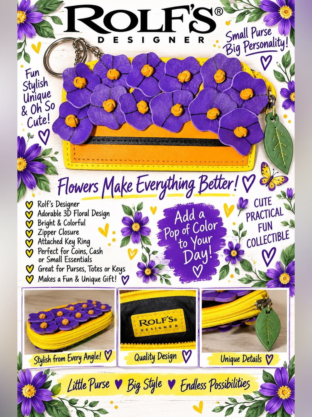 Rolf’s Designer Purple Floral Coin Purse Keychain Yellow Zip Wallet 3D Flowers
